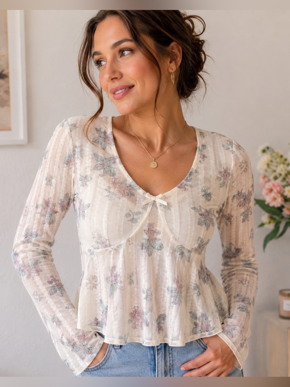RSQ Cream Lace Top with Floral Texture
